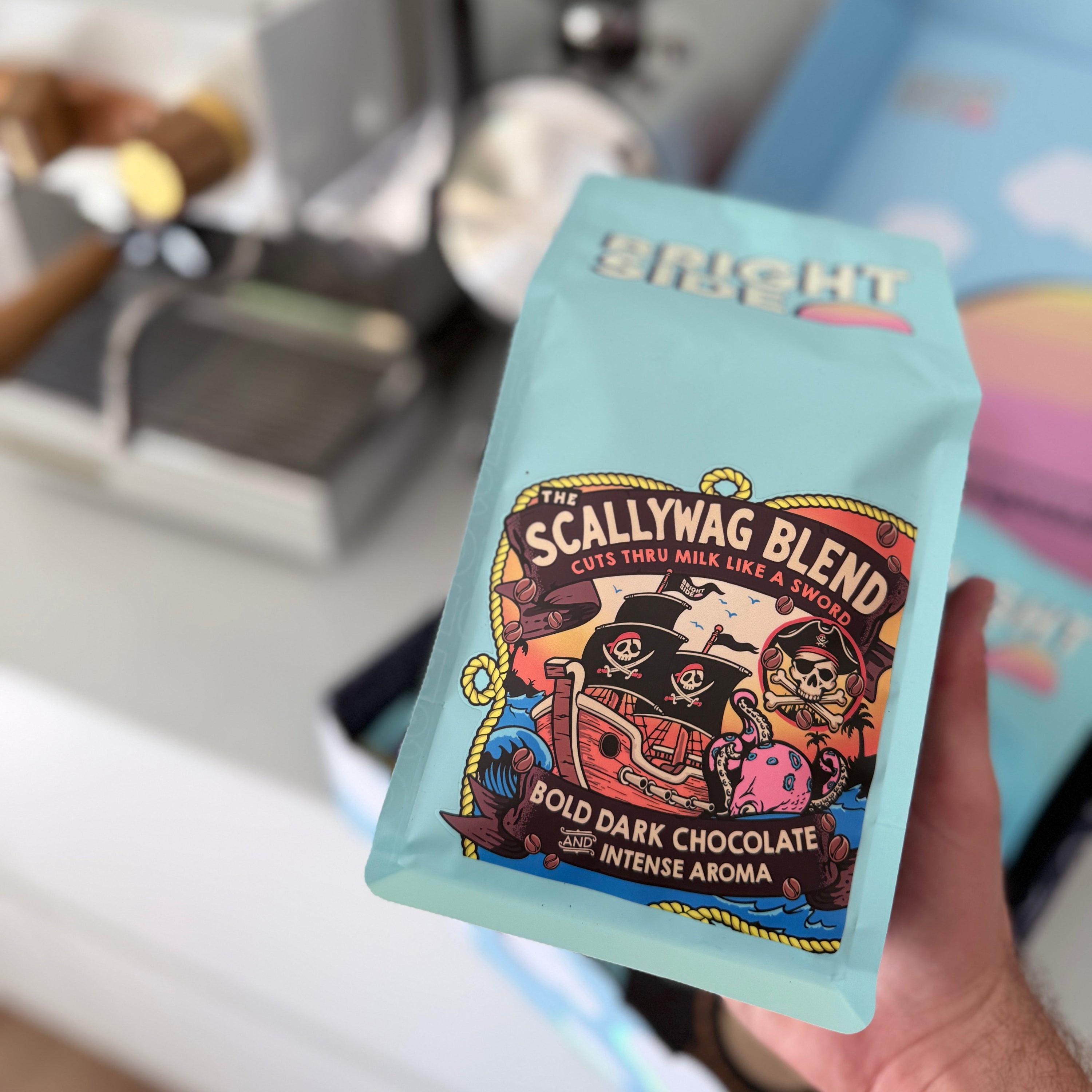 A hand holding a light blue bag of 'The Scallywag Blend' coffee beans. The bag features a colorful pirate-themed label with a cartoon ship, skull-and-crossbones, and text describing it as 'Bold Dark Chocolate' with 'Intense Aroma'.