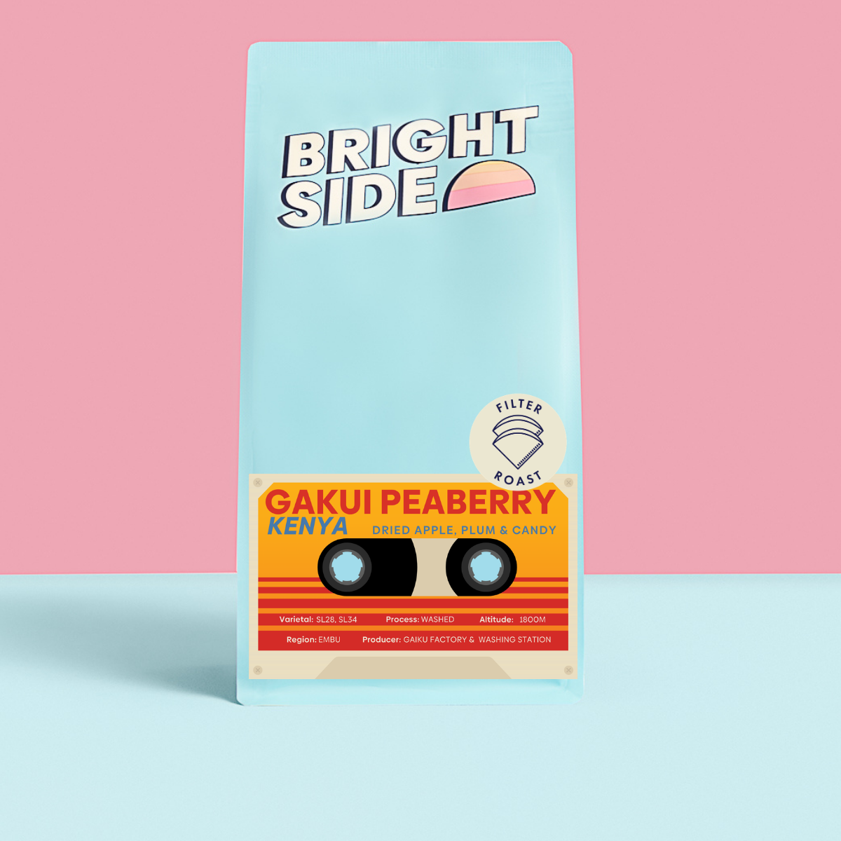 Brightside Coffee Kenya Gakui Peaberry filter roast bag with orange cassette-tape label